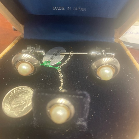 Seibu Pearl Cufflinks and Tie Pin Silver 850 Vintage Japan NWT - Picture 5 of 8